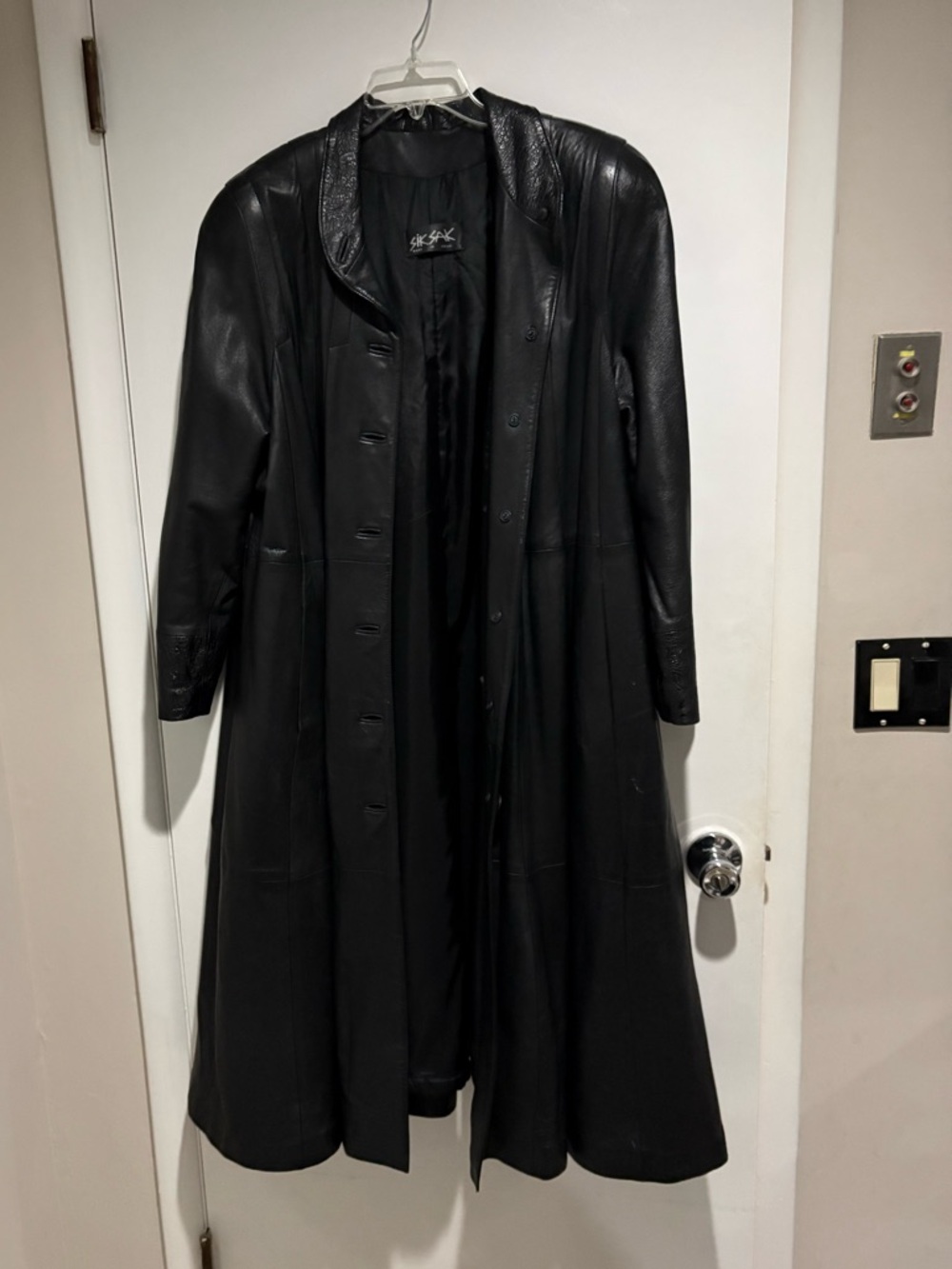 Vintage Black Genuine Leather Long Tench Coat